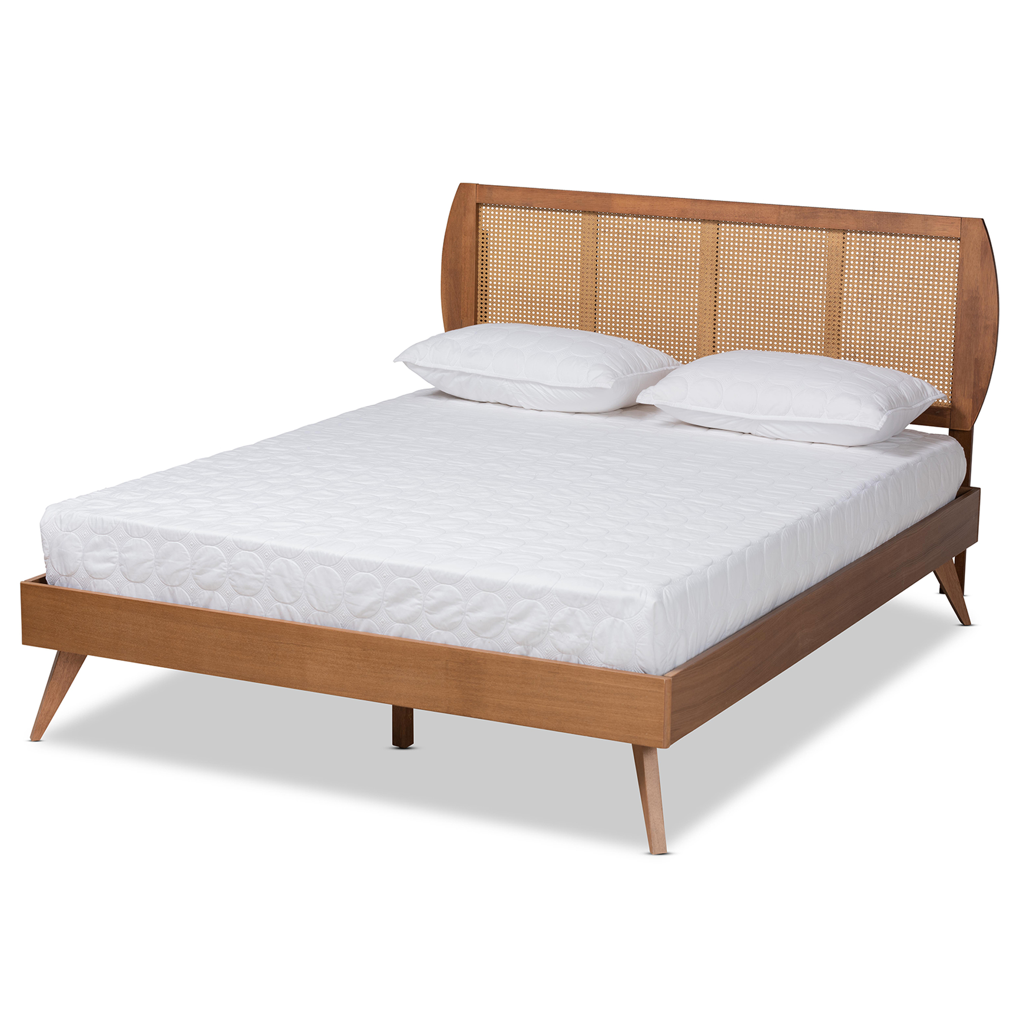 Baxton Studio Asami Mid-Century Modern Walnut Brown Finished Wood and Synthetic Rattan Queen Size Platform Bed